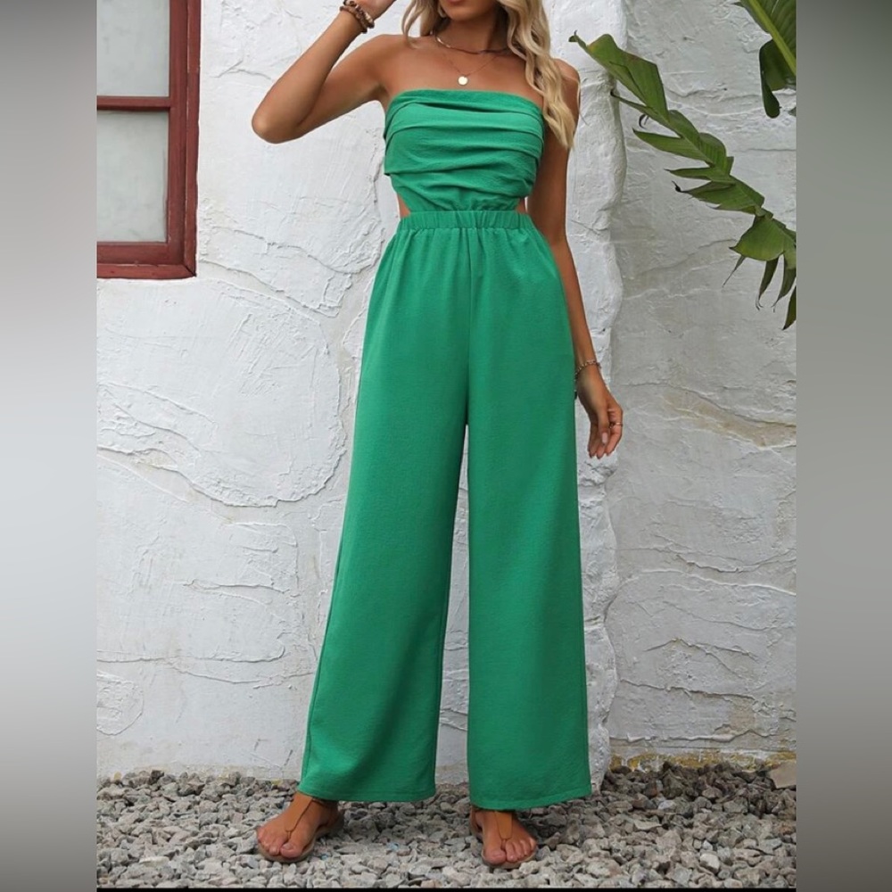 Solid Ruched Cut Out Waist Tube Jumpsuit